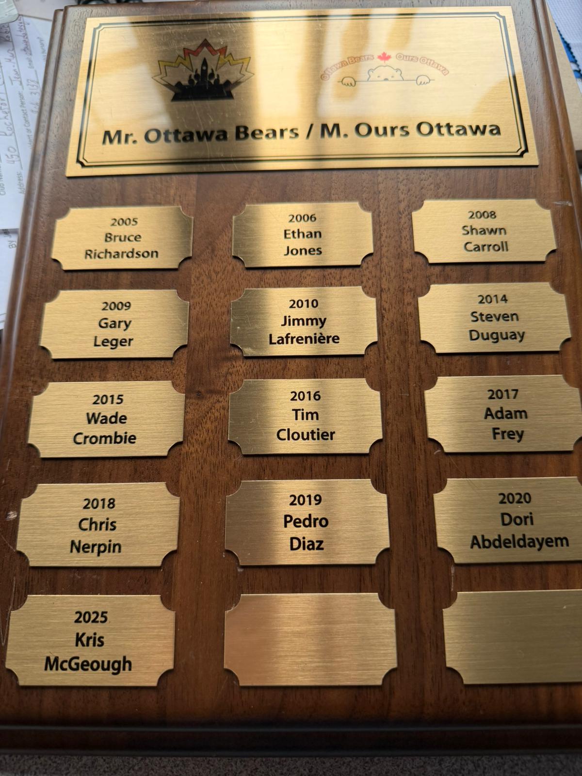 Mr Ottawa Bear titleholder plaque